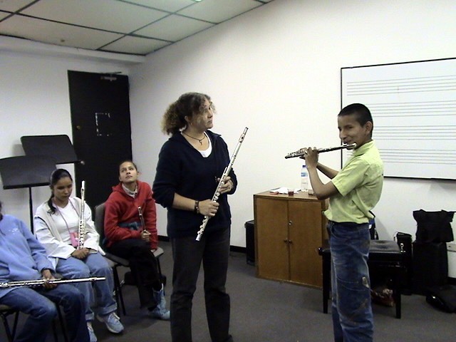 Kelly Williamson and flute student at the Bogota Suzuki Festival in June, 2008.