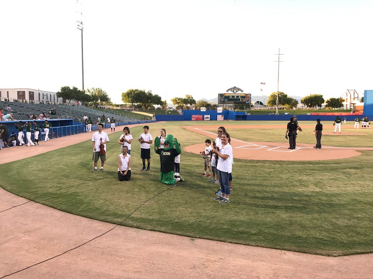 Tagawa’s Violin Stars play National Anthem at Baseball Game