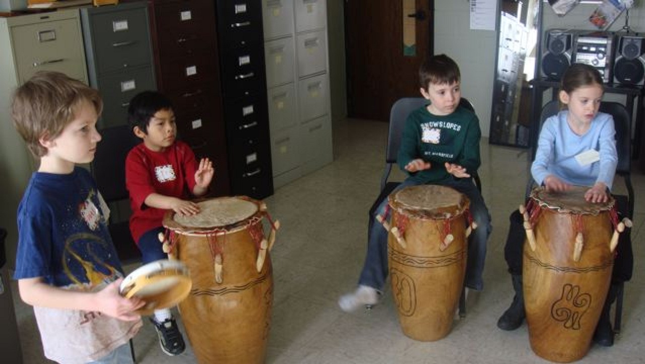 Student drummers from the MacPhail Suzuki Winds Winter Workshop, Recorder Music and Movement Class, with David Gerry and Mary Halverson Waldo