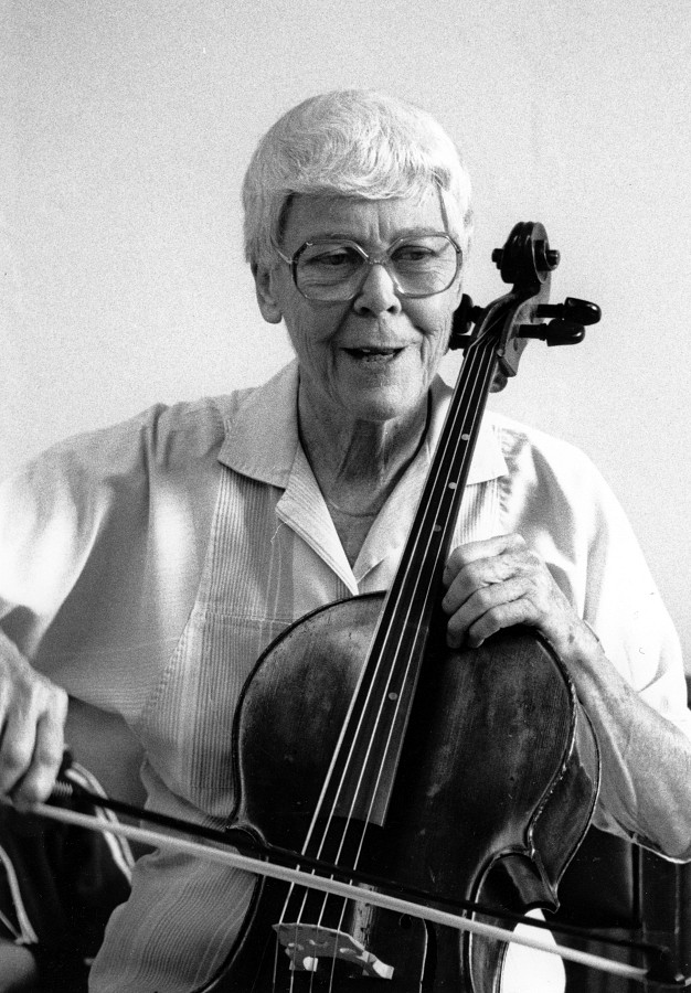 Yvonne Tait and cello, August 1988