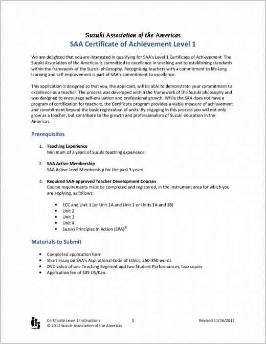 Certificate of Achievement Level 1 Application Instructions