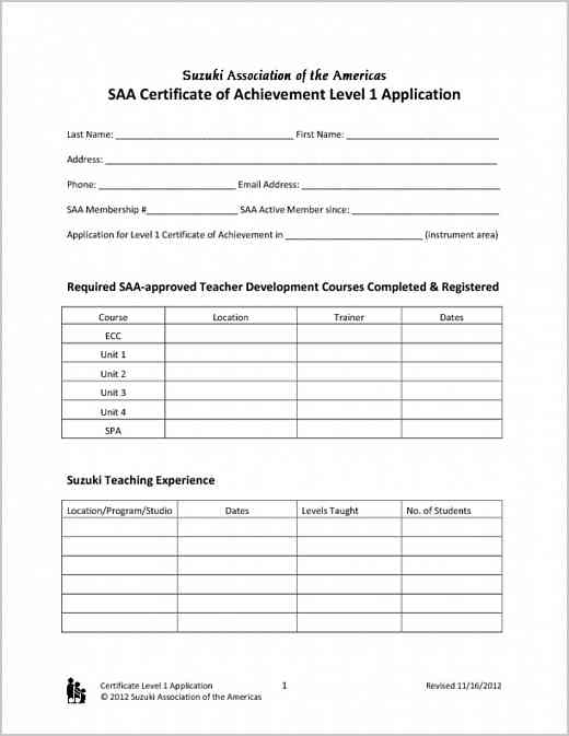 Certificate of Achievement Level 1 Application