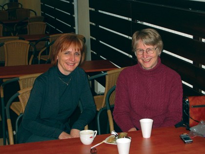 Joan (right) and Eva Guz-Seroka, a piano teacher trainer in Warsaw, having tea at the Chopin University where Eva teaches