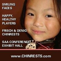 Advertisement: Smiling Faces. Happy, Healthy Players. Frisch & Denig Chinrests. SAA Conference Exhibit Hall.