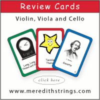 Advertisement: Meredith Strings: Review cards for violin, viola, and cello.