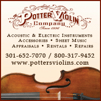 Advertisement: Potter Violin Company: Acoustic & Electric Instruments, Accessories, Sheet Music, Appraisals, Rentals, Repairs.