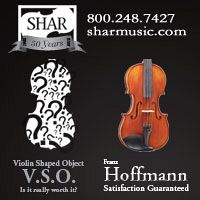 Advertisement: Shar Music: Violin Shaped Object. Hoffmann, Satisfaction Guaranteed.