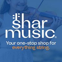 Advertisement: Cropped portrait of happy little girl playing violin with Shar Music logo and message that reads: “Your one-stop shop for everything string.”