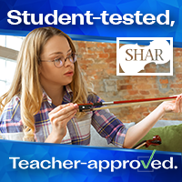 Advertisement: Female Teacher inspecting Shar Music violin bow. Student-tested, Teacher approved.